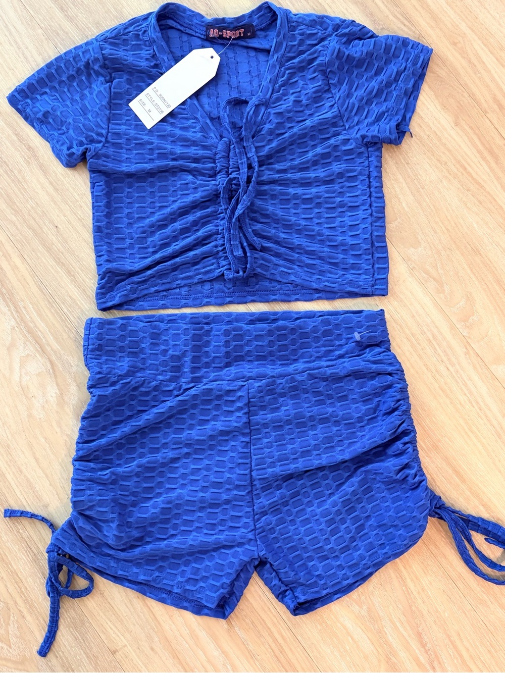 Royal Blue Two-Piece Textured Crop Top & Shorts Set